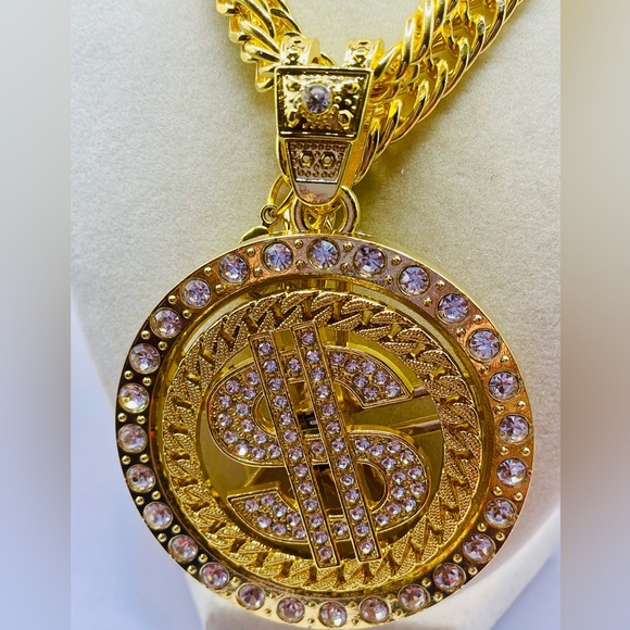 Rhinestone rotatable dollar pendant necklace. 36 inches long. Hip hop. Iced out. - Picture 4 of 7